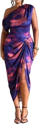 Vista 9 de Floerns Vestido de cóctel con cuello asimétrico y dobladillo fruncido para Azul oscuro