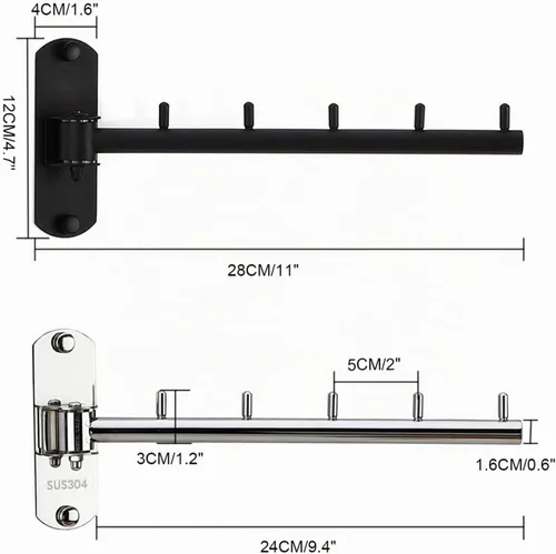 Vista 2 de Perchero Plegable de Pared con Brazo Giratorio de Acero Inoxidable Resistente para Baño, Dormitorio, Cuarto de Lavandería - Negro