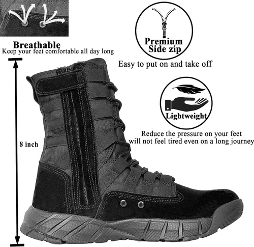Vista 2 de Botas tácticas militares de combate ligeras para hombre. Botas de desierto al aire libre para senderismo, ejército, transpirables, con cremallera