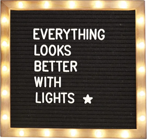 Vista 6 de Tablero de letras original de fieltro negro con soporte, luces LED integradas de 10 x 10 pulgadas, tablero de menú + marco de madera, 340 letras