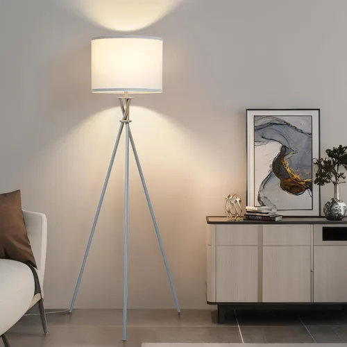 Vista 11 de Lámpara de pie para sala de estar, 61 pulgadas, moderna lámpara de pie trípode con pantalla blanca e interruptor giratorio, lámpara de pie negra