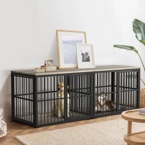 Vista 12 de Lyromix Mueble apilable para perros de 43 pulgadas, para razas grandes con habitaciones dobles, jaula de madera para perros, perrera resistente