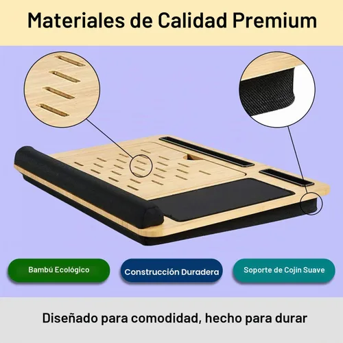 Vista 7 de Soporte plegable de madera para laptop para escritorio – Lapdesk ajustable y portátil con almohadilla – Elevador de laptop ergonómico de madera