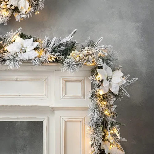 Vista 14 de Glitzhome - Guirnalda de Navidad de 9 pies con luces, guirnalda de Navidad para repisa, guirnalda de Navidad artificial preiluminada con conos