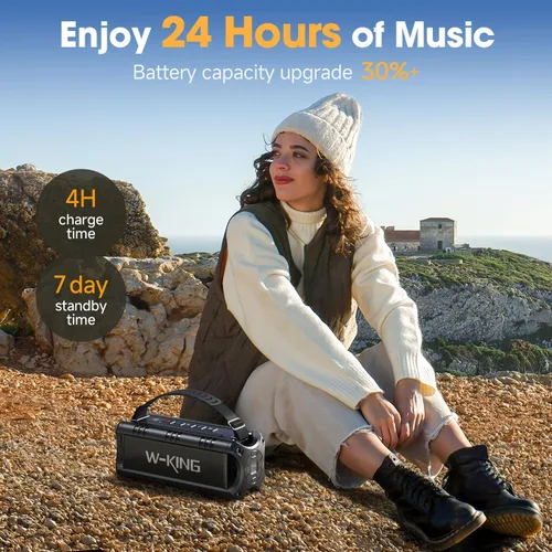 Vista 6 de W-KING Altavoces Bluetooth Portátiles Inalámbricos, (60W Pico) 30W RMS IPX6 Altavoz para Exteriores Impermeable Fuerte, 24H, EQ, AUX, Tarjeta TF