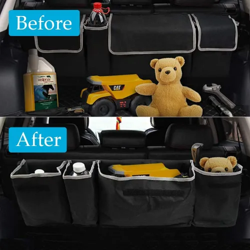Vista 4 de Tianle Organizador de maletero de asiento trasero para automóvil, bolsa de almacenamiento duradera para colgar en el maletero con 4 bolsillos