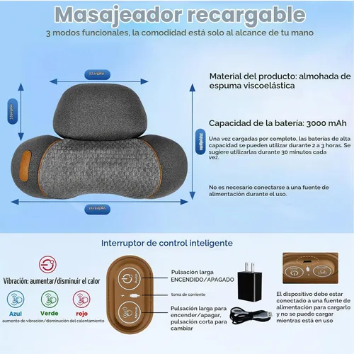 Vista 7 de Almohada masajeadora de cuello recargable 3 en 1 con calor, vibración y Alivio del dolor de tejido profundo, rigidez de cuello y corrector de Gris