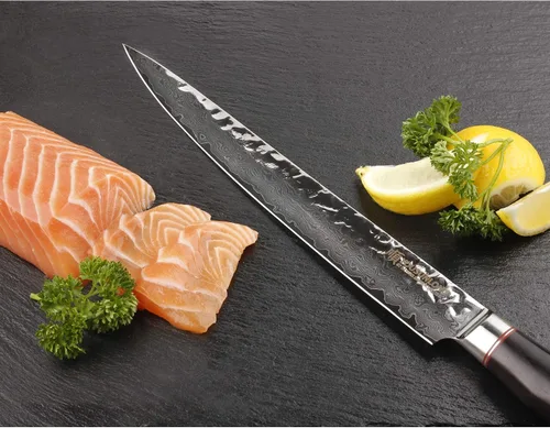 Vista 6 de YOUSUNLONG Cuchillo de filete de 10 pulgadas, cuchillo para tallar carne, cuchillo sashimi, 9.6 in, mano izquierda, acero de damasco martillado
