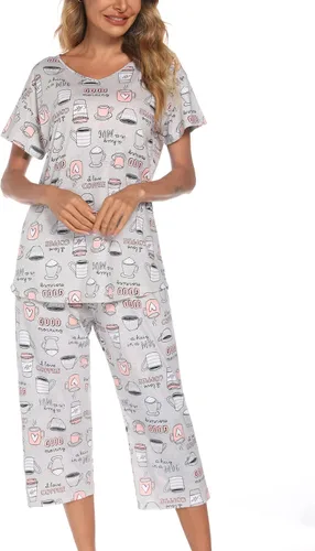 Vista 4 de ENJOYNIGHT Conjunto de pijama de algodón para mujer, parte superior de manga corta y pantalones capri, ropa de dormir de 2 piezas