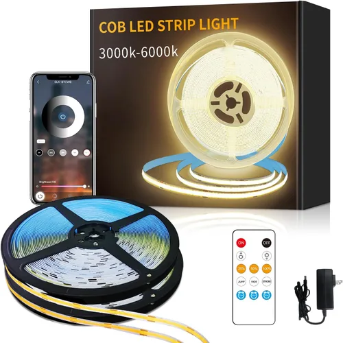 Vista 8 de Tira de luces LED COB de 32.8 pies, CC 24 V, regulable, 6000 K, luz de cinta LED flexible blanca para dormitorio, con control remoto y aplicación
