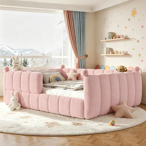 Vista 12 de Bellemave Cama Montessori tapizada de vellón de peluche de tamaño matrimonial con valla, marco de cama infantil de perfil bajo con barandillas