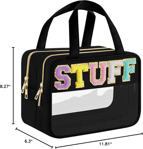 Vista 9 de Bolsa de Maquillaje Transparente con Letras de Chenilla, Bolsa de Cosméticos Preppy Transparente, Bolsas de Snacks Transparentes con Cremallera