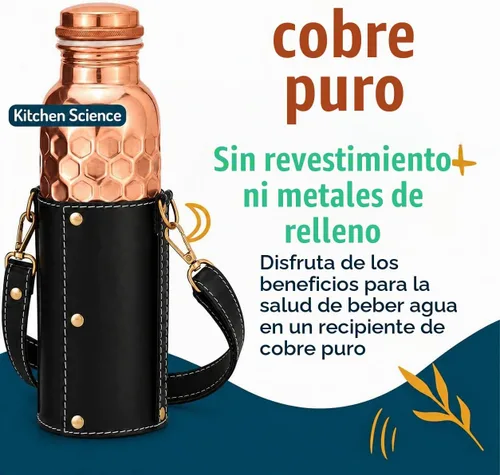Vista 5 de Kitchen Science Auténtica botella ayurvédica de cobre (34 oz/33.8 fl oz) de cuero para agua potable Probado en laboratorio, a prueba de fugas