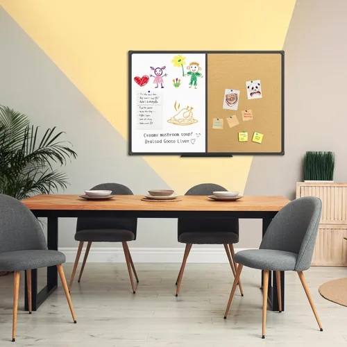 Vista 4 de Pizarrón blanco y corcho combinados para anuncios, tablero combinado 36 x 24 de pizarra magnética, marco de aluminio negro montado en la pared