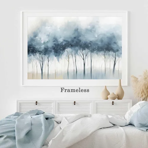 Vista 5 de Lienzo de bosque azul para pared, pintura de árbol, póster azul abstracto azul y gris, imágenes abstractas de bosque azul y gris, pintura azul