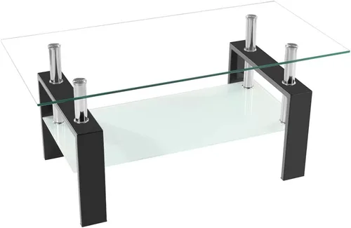 Vista 7 de Mesa de centro de cristal de 2 niveles, mesa de centro de vidrio templado, mesa central moderna rectangular mesa de té ovalada de vidrio con estante