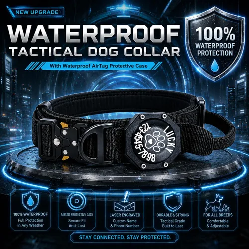 Vista 2 de Collar táctico personalizado para perro AirTag, 100 % impermeable, ajustable, de nailon para entrenamiento militar, con asa de control y hebilla