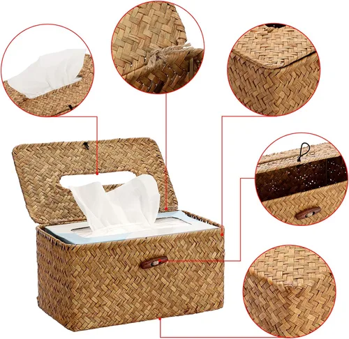 Vista 3 de Sumnacon Funda de Caja de Paños Grande Rectangular Caja de Paños de Seagrass Soporte de Caja de Paños Tejido Soporte de Paños Decorativo Funda