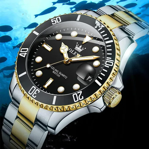 Vista 5 de OLEVS Relojes para hombre con fecha, de lujo, de cara grande, impermeable, reloj analógico, de acero inoxidable, dos tonos, reloj luminoso