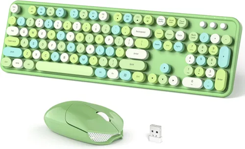 Vista 9 de Dilter Combo de teclado y mouse inalámbricos, teclado retro con teclas redondas, ergonómico de tamaño completo, ideal para PC con Windows, hogar