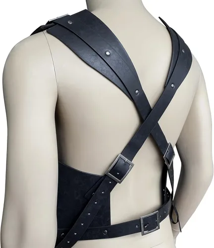 Vista 4 de HiiFeuer Viking Warrior - Armadura de pecho de piel sintética, armadura de cuero retro de caballero, armadura medieval para LARPCosplay (negro hacha)