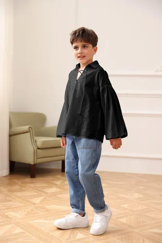 Vista 2 de Camisa medieval de pirata para niños vikinga, renacentista, con cordones, mercenario, Halloween, jacobita escocés, Ghillie, tops