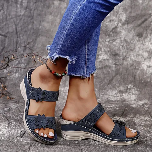Vista 7 de Ladmiple Sandalias ortopédicas florales de moda 2023 con soporte de arco, zapatillas romanas casuales con puntera abierta