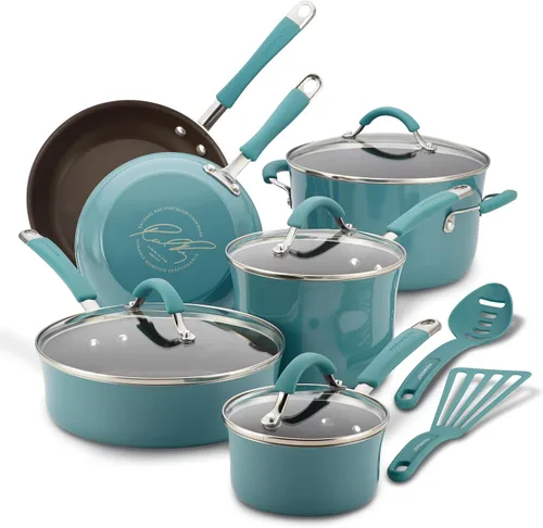 Vista 15 de Rachael Ray Cucina - Juego de ollas y sartenes antiadherentes, 10 piezas, color azul agave