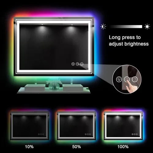 Vista 4 de Snowdool Espejo LED para baño, 28 x 36 pulgadas con retroiluminación RGB de 8 colores + 3 luces delanteras (ajustables individualmente), antiniebla