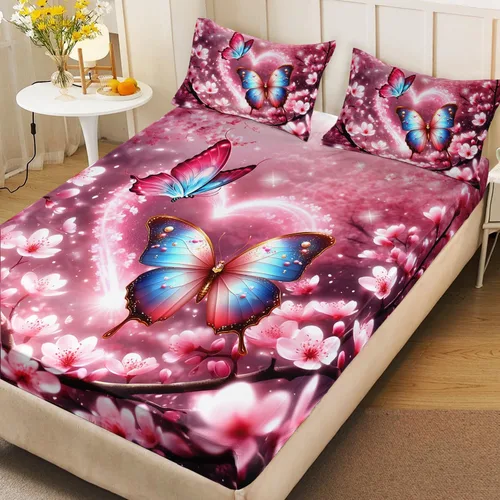 Vista 2 de AILONEN Juego de sábanas bajeras de mariposa y mariposa para niñas, juego de ropa de cama con diseño de mariposas y cerezos rosados, para regalo