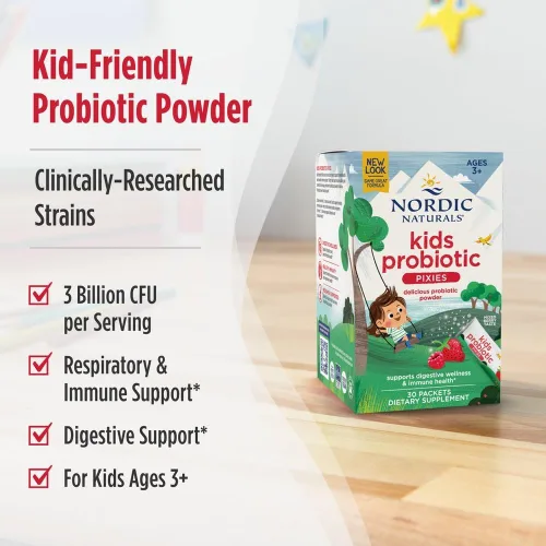 Vista 3 de Nordic Naturals Polvo probiótico de fusión rápida para niños, bayas mixtas, 30 paquetes, 3 mil millones de UFC, bienestar digestivo, apoyo