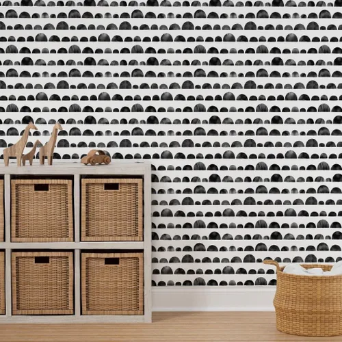 Vista 7 de Spoonflower Circles Black Ink Pre-Pasted Removable Wallpaper Roll 24" x 36" Modern White Scallops Self-adhesive, removable and renter-friendly