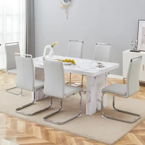 Vista 65 de gopop Mesa de comedor de mármol de 63 pulgadas, tablero de mesa de comedor MDF con patrón de mármol y base para cocina y comedor.