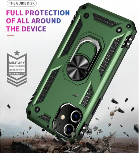 Vista 3 de Yiakeng Funda para iPhone 12 Mini: Funda para iPhone 12 Mini con protector de pantalla HD, fundas protectoras de grado militar con anillo para Verde