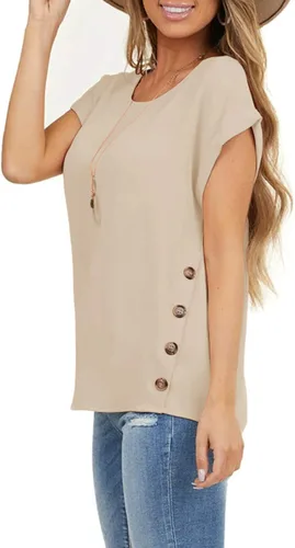 Vista 2 de Limerose Camiseta de manga corta para mujer, cuello redondo, botones laterales, estilo casual, holgada