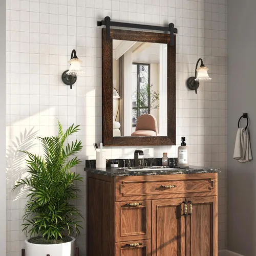 Vista 17 de COGOOD Espejo de puerta de granero de granja, 25 x 18 pulgadas, espejo decrativo con marco de madera rústica para baño, sala de estar, decoración