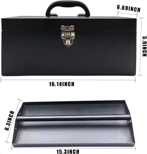Vista 7 de Caja de herramientas de metal portátil de 16", caja de herramientas grande de calibre 18, caja de aparejos de pesca, organizador de cajón de caja