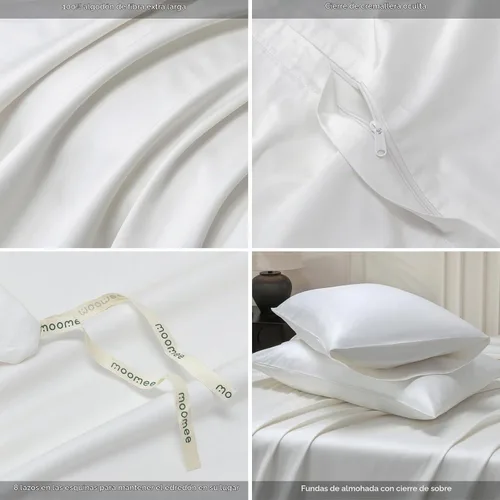 Vista 5 de MooMee Juego de funda de edredón 100% algodón de fibra extra larga de 600 hilos, satén sedoso, suave, transpirable, duradero, ropa de cama de Blanco