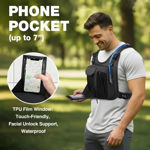 Vista 3 de JXFUKAL Chaleco para Correr, Mochila de Hidratación Ligera con Vejiga de Agua de 2L, Paquete de Hidratación Reflectante, Bolsa Táctica para el Pecho