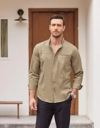 Vista 4 de COOFANDY Camisas de lino para hombre, camisa de playa de manga larga con botones y bolsillo
