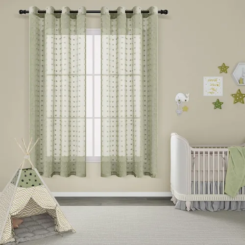 Vista 6 de 2 paneles de cortinas traslúcidas con pompones y ojales de 63 pulgadas de largo, para sala de estar, comedor, cortinas texturizadas para dormitorio