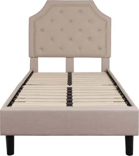 Vista 5 de EMMA + OLIVER Base de cama tapizada con diseño arqueado y diseño capitoné en tela beige