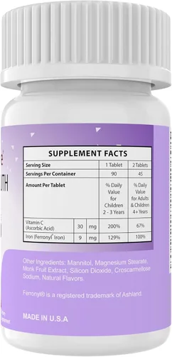 Vista 6 de Suplemento de hierro masticable para niños, hierro carbonílico Ferronyl® 9 mg, vitamina C 30 mg, sabor a uva, 90 tabletas (2 botellas)