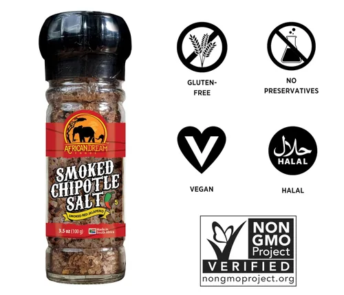 Vista 3 de African Dream Foods - Sal picante de chipotle ahumado Sal de chile picante con chiles jalapeños africanos naturales, sal marina Ideal