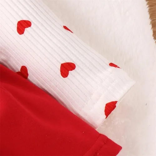 Vista 6 de VISGOGO Mameluco para el día de San Valentín para niña pequeña, con volantes, manga larga, estampado de corazón, con diadema