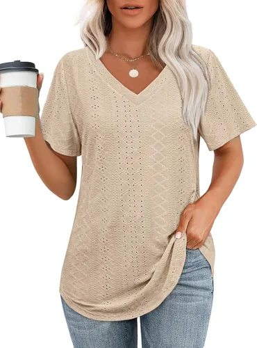 Vista 15 de OFEEFAN Camisetas básicas de manga corta con cuello en V para mujer, ajuste holgado, con dobladillo curvado B-verde