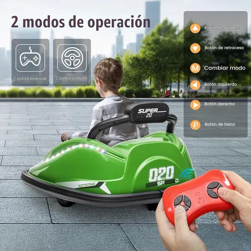 Vista 4 de Coche de parachoques eléctrico para niños de 12 V, con control remoto para padres Verde