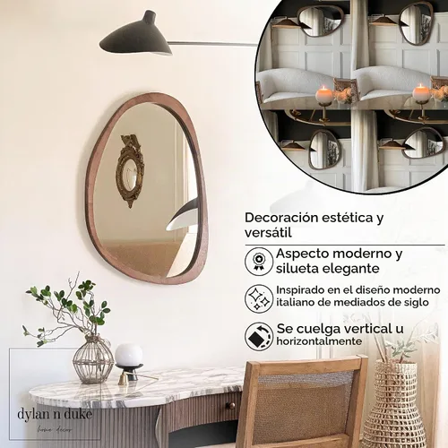 Vista 5 de Espejo bohemio con marco de madera irregular, gran acento montado en la pared, asimétrico, decoración de pared estética moderna para dormitorio