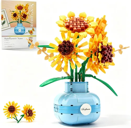 Vista 6 de Juego de bloques de construcción de rosas con florero, ladrillos Kit de modelo, adorno de bonsái en maceta para decoración del hogar, regalo