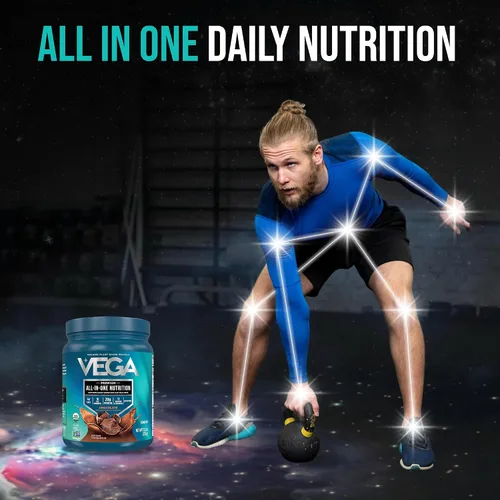 Vista 4 de Vega Organic All-in-One Proteína vegana en polvo sabor chocolate 9 porciones, ingredientes de superalimento, vitaminas para apoyo inmunológico